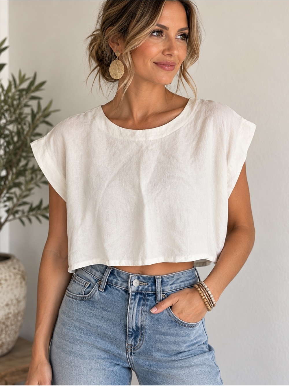 Mable White Linen Crop Top